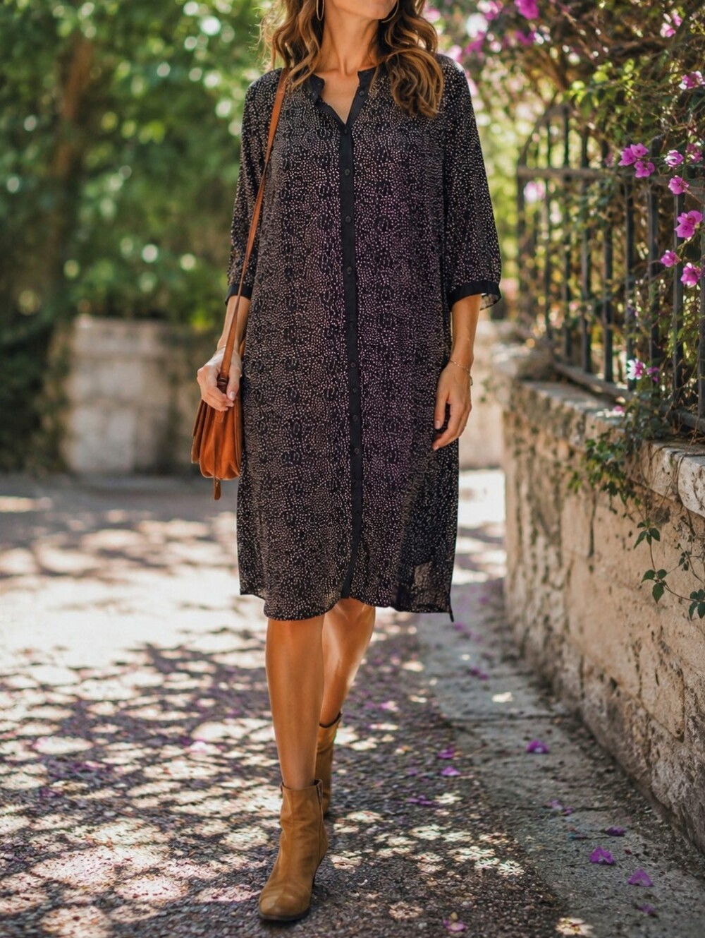 Carmakoma Black Viscose Midi Shirt Dress Tiny Pink Dot Print Button Front Boho
